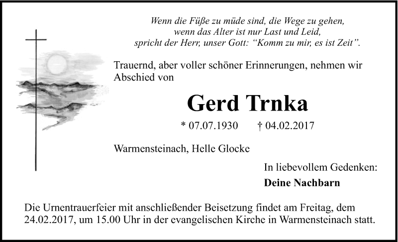  Traueranzeige für Gerd Trnka vom 21.02.2017 aus Nordbayerischer Kurier