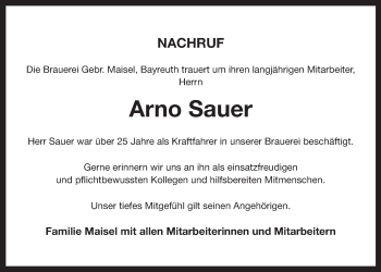 Anzeige von Arno Sauer von Nordbayerischer Kurier