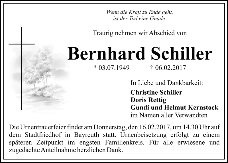  Traueranzeige für Bernhard Schiller vom 11.02.2017 aus Nordbayerischer Kurier