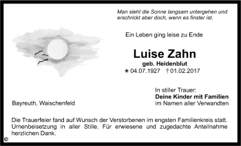 Anzeige von Luise Zahn von Nordbayerischer Kurier