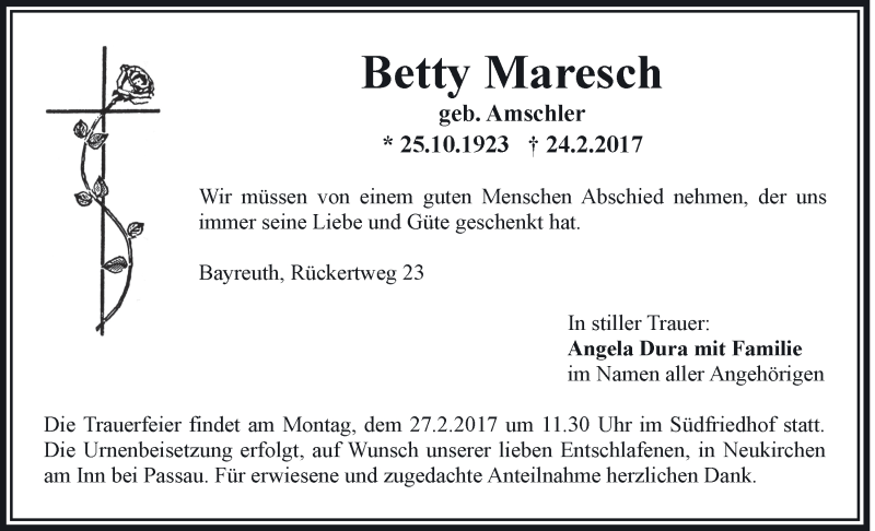  Traueranzeige für Betty Maresch vom 25.02.2017 aus Nordbayerischer Kurier