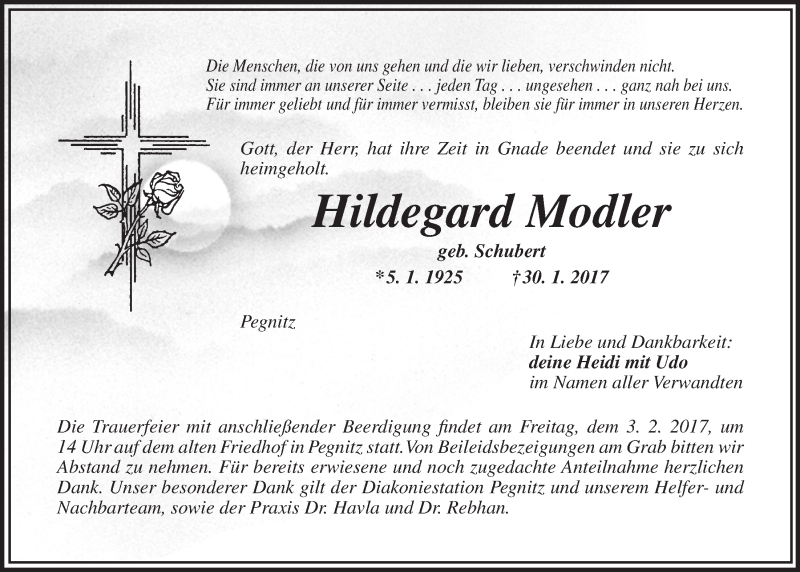  Traueranzeige für Hildegard Modler vom 01.02.2017 aus Nordbayerischer Kurier