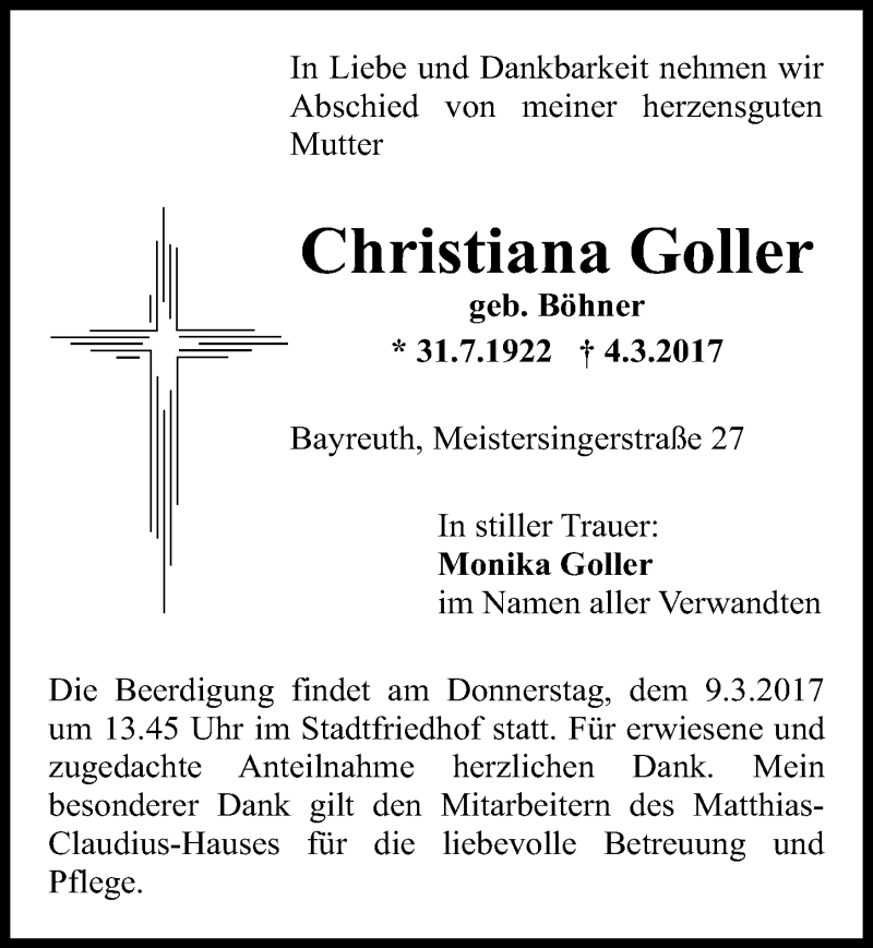 Traueranzeige für Christiana Goller vom 08.03.2017 aus Nordbayerischer Kurier