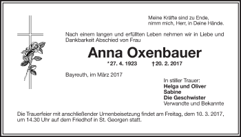 Anzeige von Anna Oxenbauer von Nordbayerischer Kurier