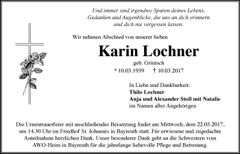 Anzeige von Karin Lochner von Nordbayerischer Kurier