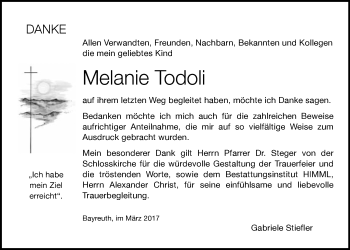 Anzeige von Melanie Todoli von Nordbayerischer Kurier