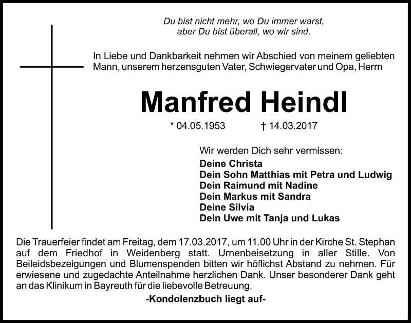  Traueranzeige für Manfred Heindl vom 16.03.2017 aus Nordbayerischer Kurier