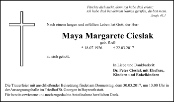 Anzeige von Maya Margarete Cieslak von Nordbayerischer Kurier