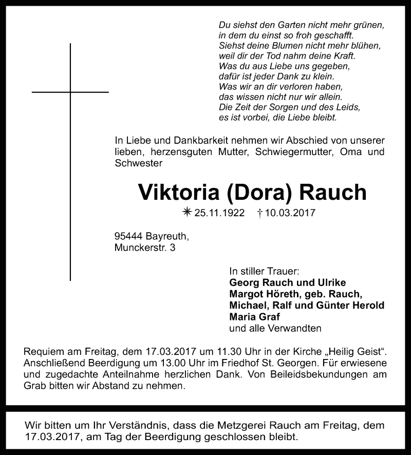  Traueranzeige für Viktoria Rauch vom 15.03.2017 aus Nordbayerischer Kurier