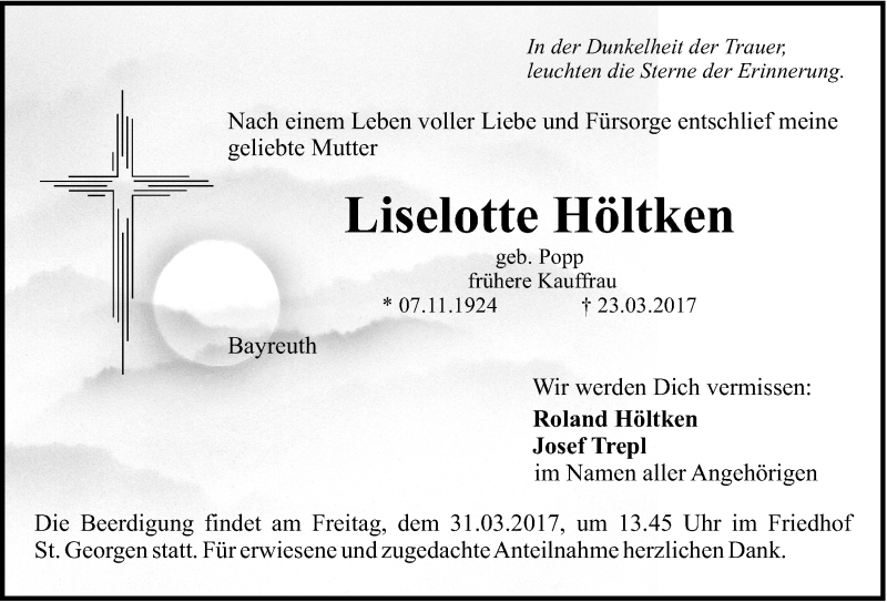  Traueranzeige für Liselotte Höltken vom 28.03.2017 aus Nordbayerischer Kurier