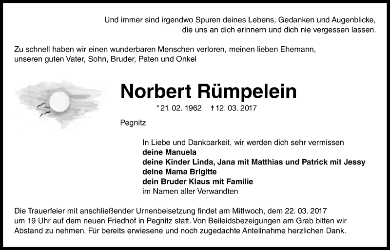  Traueranzeige für Norbert Rümpelein vom 18.03.2017 aus Nordbayerischer Kurier
