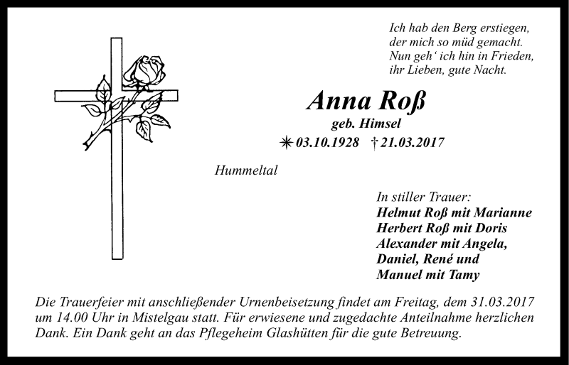  Traueranzeige für Anna Roß  vom 29.03.2017 aus Nordbayerischer Kurier