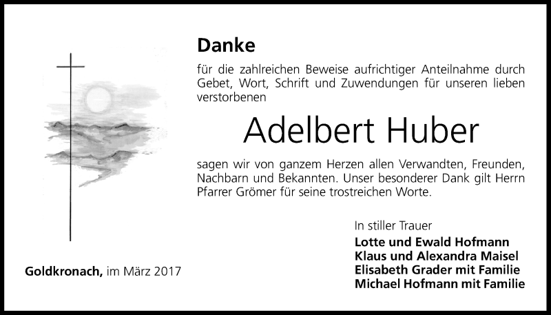  Traueranzeige für Adelbert Huber vom 28.03.2017 aus Nordbayerischer Kurier
