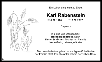 Anzeige von Karl Rabenstein von Nordbayerischer Kurier