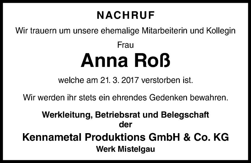  Traueranzeige für Anna Roß  vom 29.03.2017 aus Nordbayerischer Kurier
