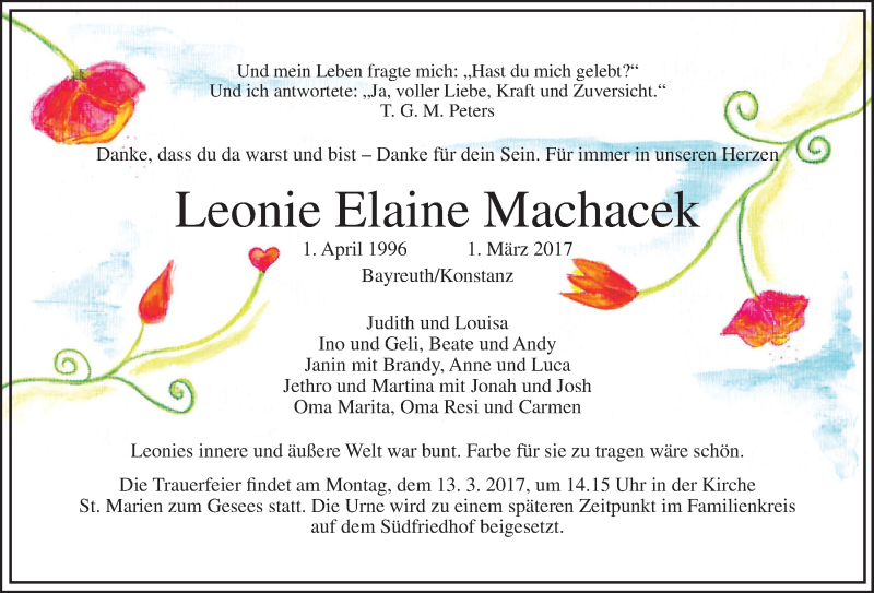  Traueranzeige für Leonie Elaine Machacek vom 10.03.2017 aus Nordbayerischer Kurier