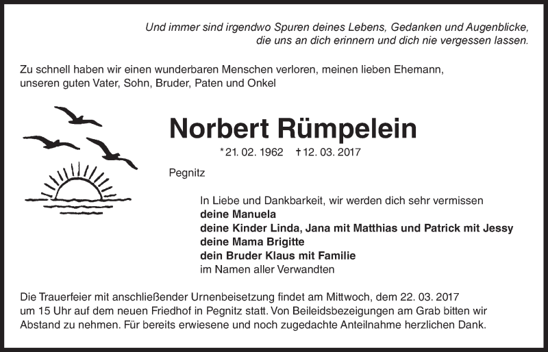  Traueranzeige für Norbert Rümpelein vom 21.03.2017 aus Nordbayerischer Kurier