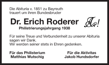 Anzeige von Erich Roderer von Nordbayerischer Kurier