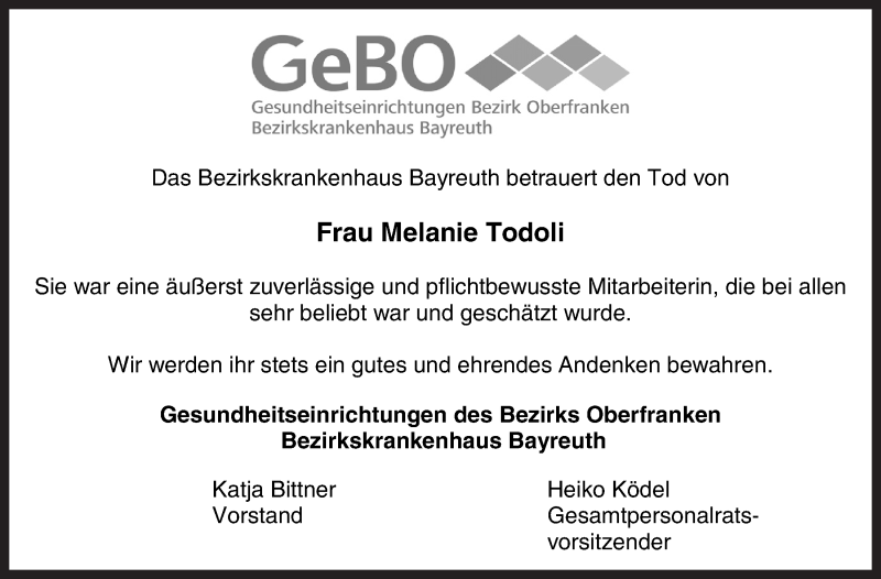  Traueranzeige für Melanie Todoli vom 08.03.2017 aus Nordbayerischer Kurier
