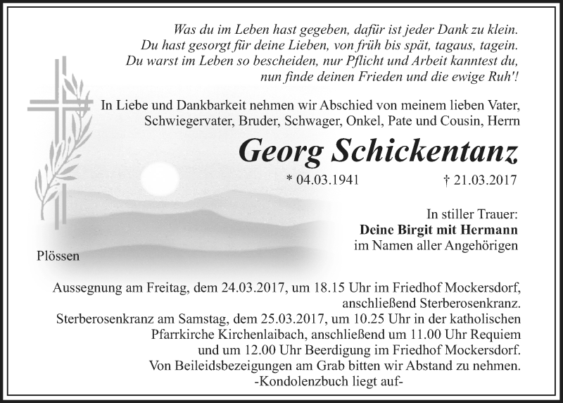  Traueranzeige für Georg Schickentanz vom 23.03.2017 aus Nordbayerischer Kurier