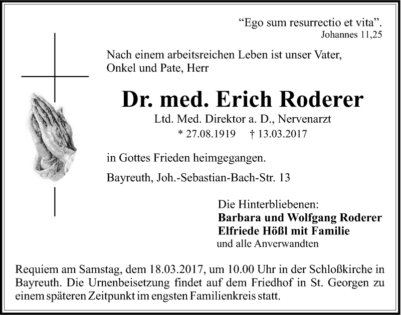  Traueranzeige für Erich Roderer vom 16.03.2017 aus Nordbayerischer Kurier