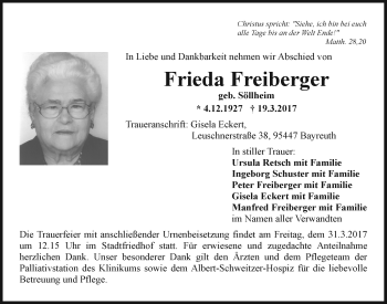 Anzeige von Frieda Freiberger von Nordbayerischer Kurier