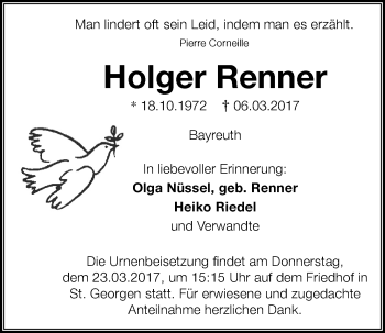 Anzeige von Holger Renner von Nordbayerischer Kurier