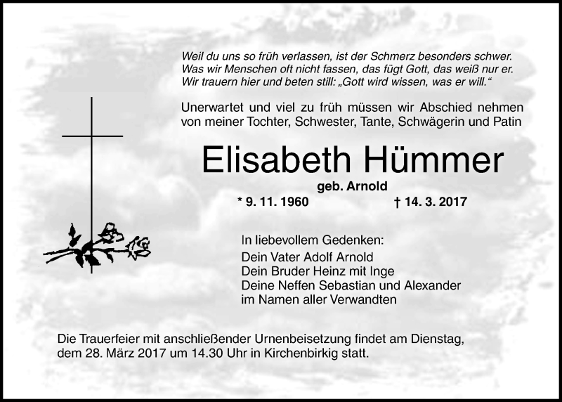  Traueranzeige für Elisabeth Hümmer vom 25.03.2017 aus Nordbayerischer Kurier