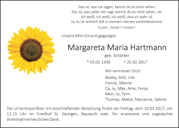 Anzeige von Margareta Maria Hartmann von Nordbayerischer Kurier