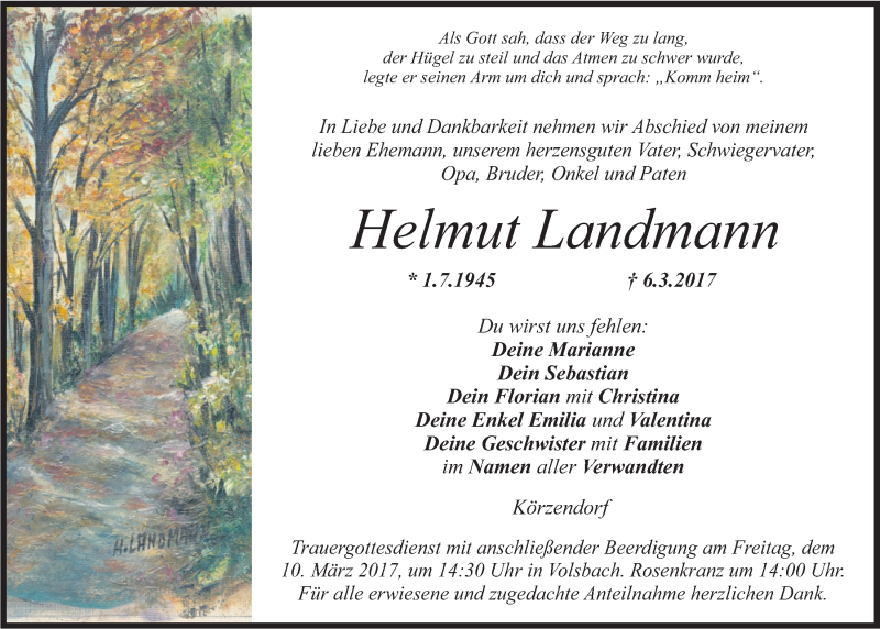  Traueranzeige für Helmut Landmann vom 08.03.2017 aus Nordbayerischer Kurier