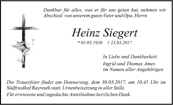 Anzeige von Heinz Siegert von Nordbayerischer Kurier