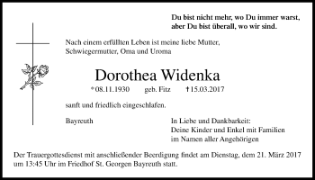 Anzeige von Dorothea Widenka von Nordbayerischer Kurier