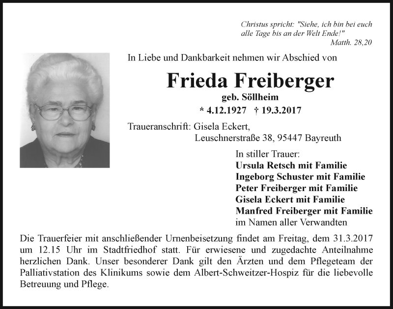  Traueranzeige für Frieda Freiberger vom 28.03.2017 aus Nordbayerischer Kurier
