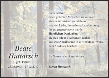 Anzeige von Beate Huttarsch von Nordbayerischer Kurier