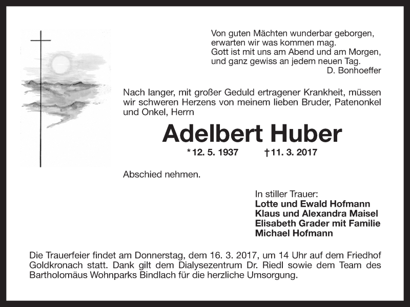  Traueranzeige für Adelbert Huber vom 14.03.2017 aus Nordbayerischer Kurier