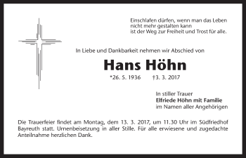 Anzeige von Hans Höhn von Nordbayerischer Kurier