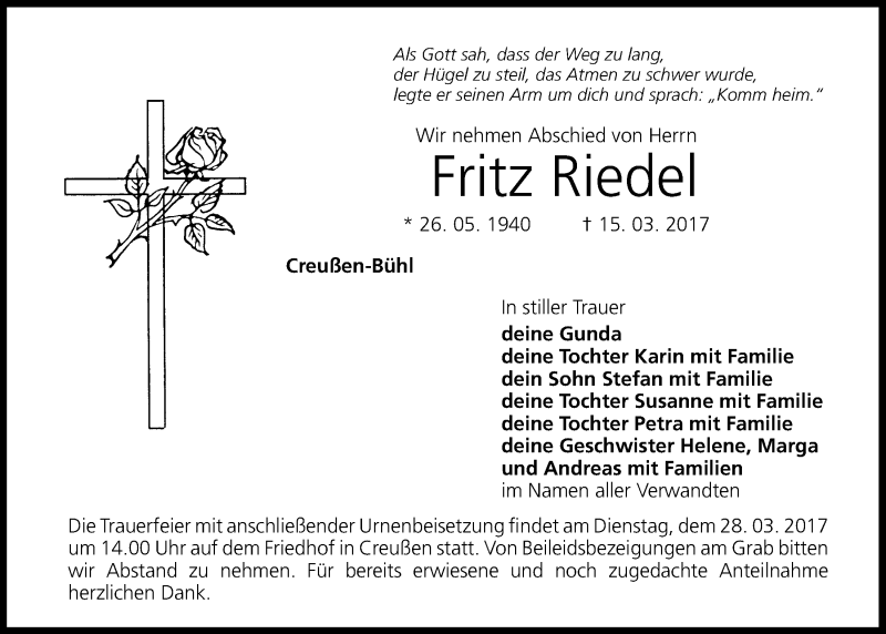 Traueranzeige für Fritz Riedel vom 25.03.2017 aus Nordbayerischer Kurier