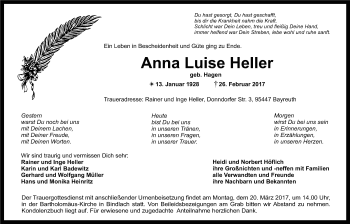 Anzeige von Anna Luise Heller von Nordbayerischer Kurier