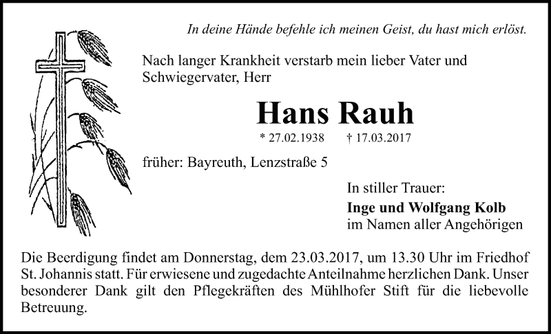  Traueranzeige für Hans Rauh vom 21.03.2017 aus Nordbayerischer Kurier