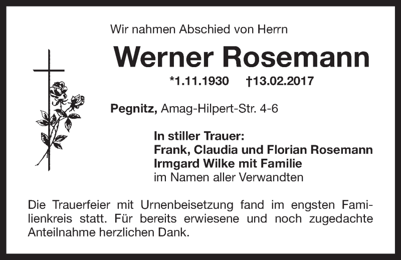  Traueranzeige für Werner Rosemann vom 04.03.2017 aus Nordbayerischer Kurier
