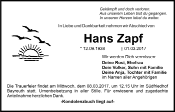 Anzeige von Hans Zapf von Nordbayerischer Kurier