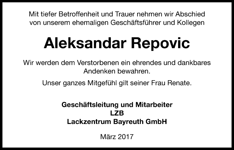  Traueranzeige für Aleksandar Repovic vom 23.03.2017 aus Nordbayerischer Kurier