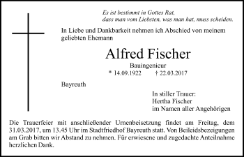 Anzeige von Alfred Fischer von Nordbayerischer Kurier