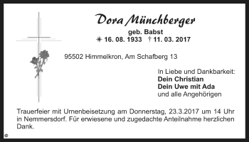 Anzeige von Dora Münchberger von Nordbayerischer Kurier