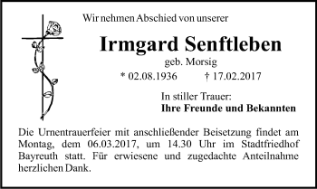Anzeige von Irmgard Senftleben von Nordbayerischer Kurier