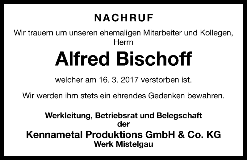  Traueranzeige für Alfred Bischoff vom 22.03.2017 aus Nordbayerischer Kurier