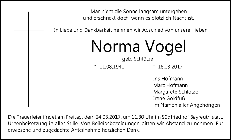  Traueranzeige für Norma Vogel vom 22.03.2017 aus Nordbayerischer Kurier