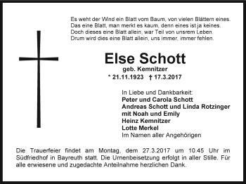 Anzeige von Else Schott von Nordbayerischer Kurier