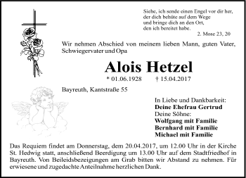 Anzeige von Alois Hetzel von Nordbayerischer Kurier