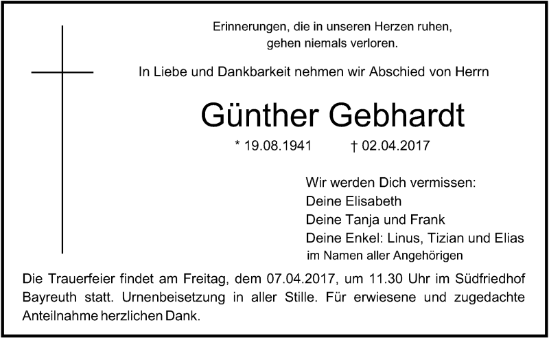  Traueranzeige für Günther Gebhardt vom 05.04.2017 aus Nordbayerischer Kurier